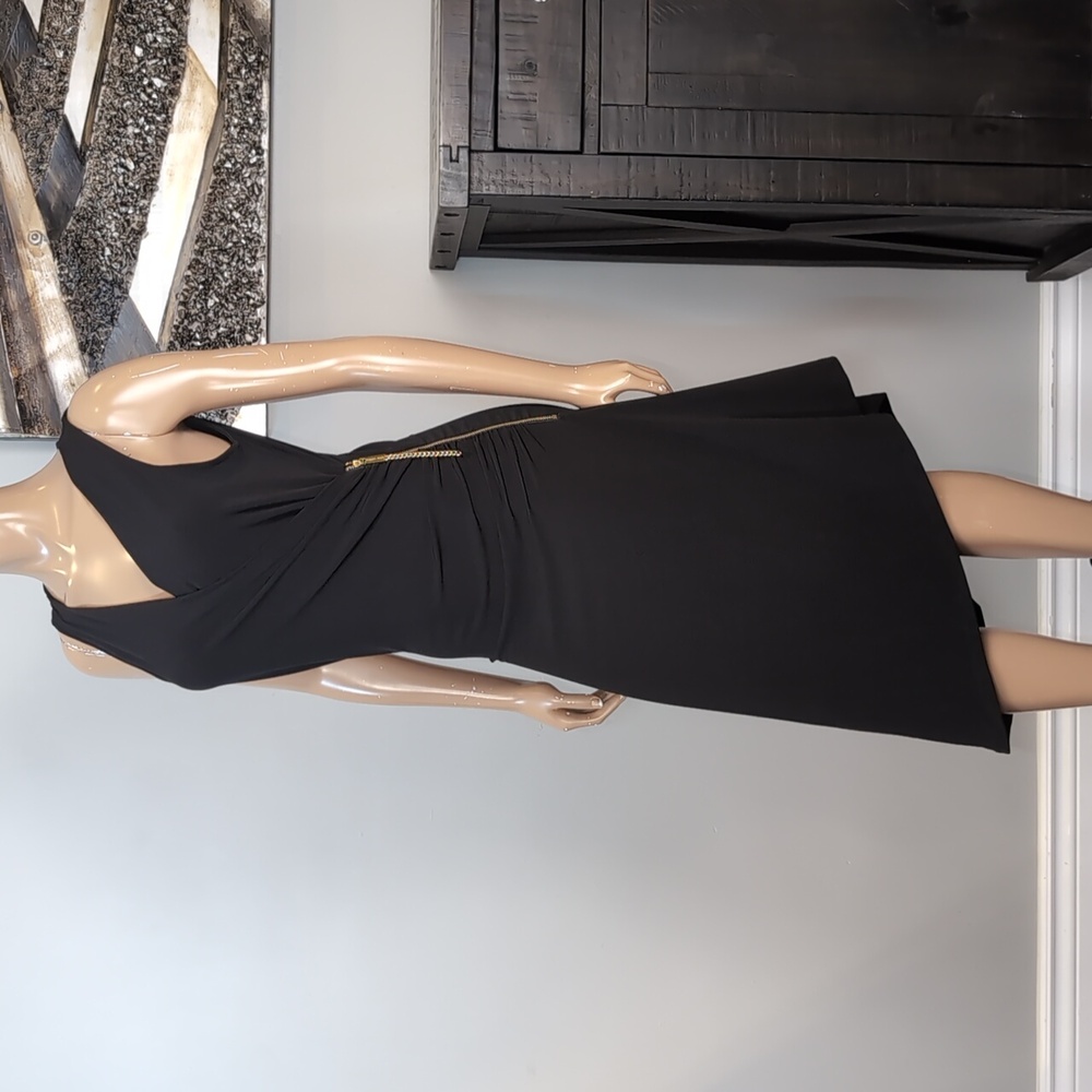 Michael Kors Asymmetric Midi Dress Gold Zipper Sleeveless Black Size Medium - Picture 4 of 12